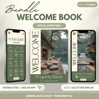 Promotional image for an "Airbnb Welcome Book" editable in Canva. A tablet and print view are shown for flexibility. The text highlights that the templates are available in US Letter and A4 sizes.Ideal for Airbnb and short-term rental hosts.