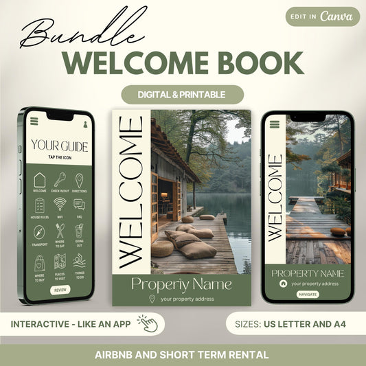 Promotional image for an "Airbnb Welcome Book" editable in Canva. A tablet and print view are shown for flexibility. The text highlights that the templates are available in US Letter and A4 sizes.Ideal for Airbnb and short-term rental hosts.