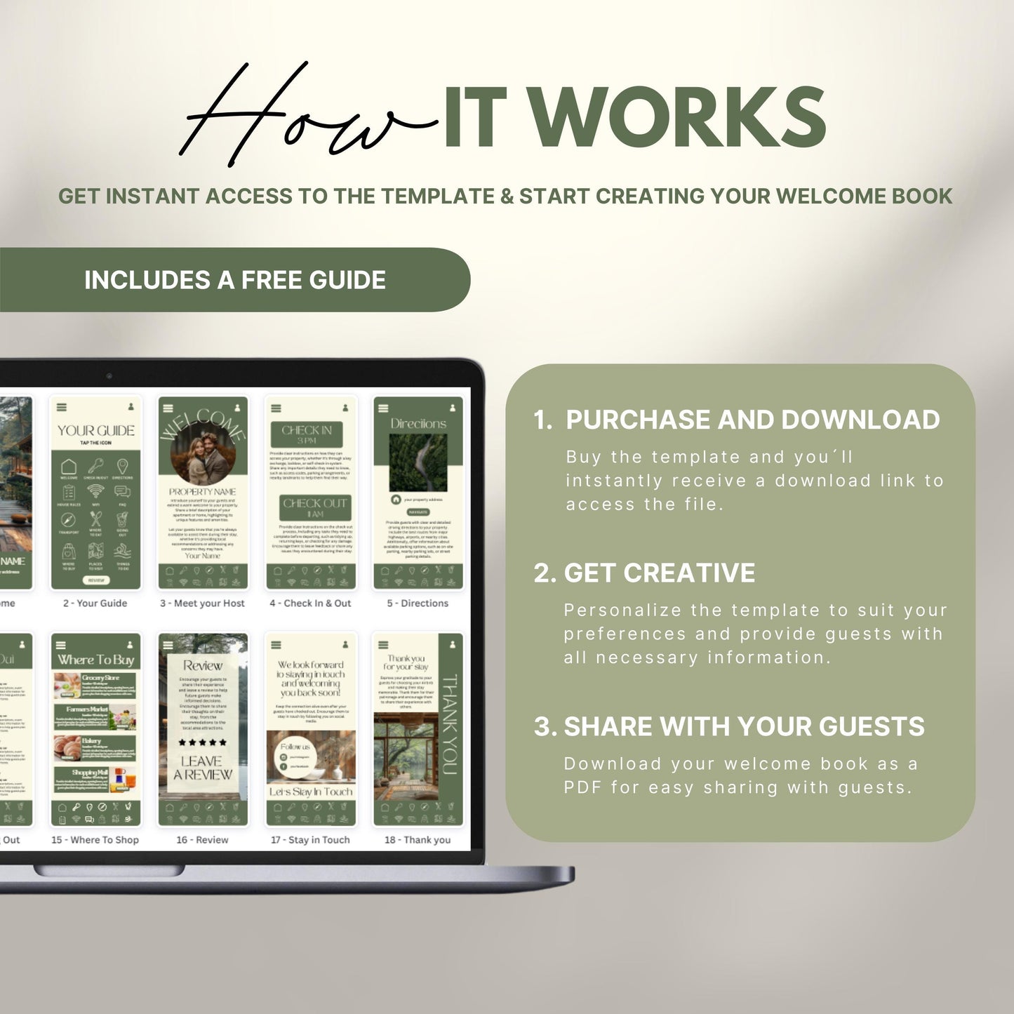 A promotional image explains how to use a digital Airbnb welcome book template. The text reads "How It Works" with a subheading, "Get instant access to the template & start creating your welcome book." A laptop displays thumbnails of different template pages. Three steps are highlighted in a peach-colored box: 1) Purchase and download, 2) Get creative by personalizing, and 3) Share with your guests as a PDF.