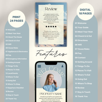 A promotional layout for a Airbnb Welcome Book template. The image displays various page samples including sections like “Review,” “Welcome." 