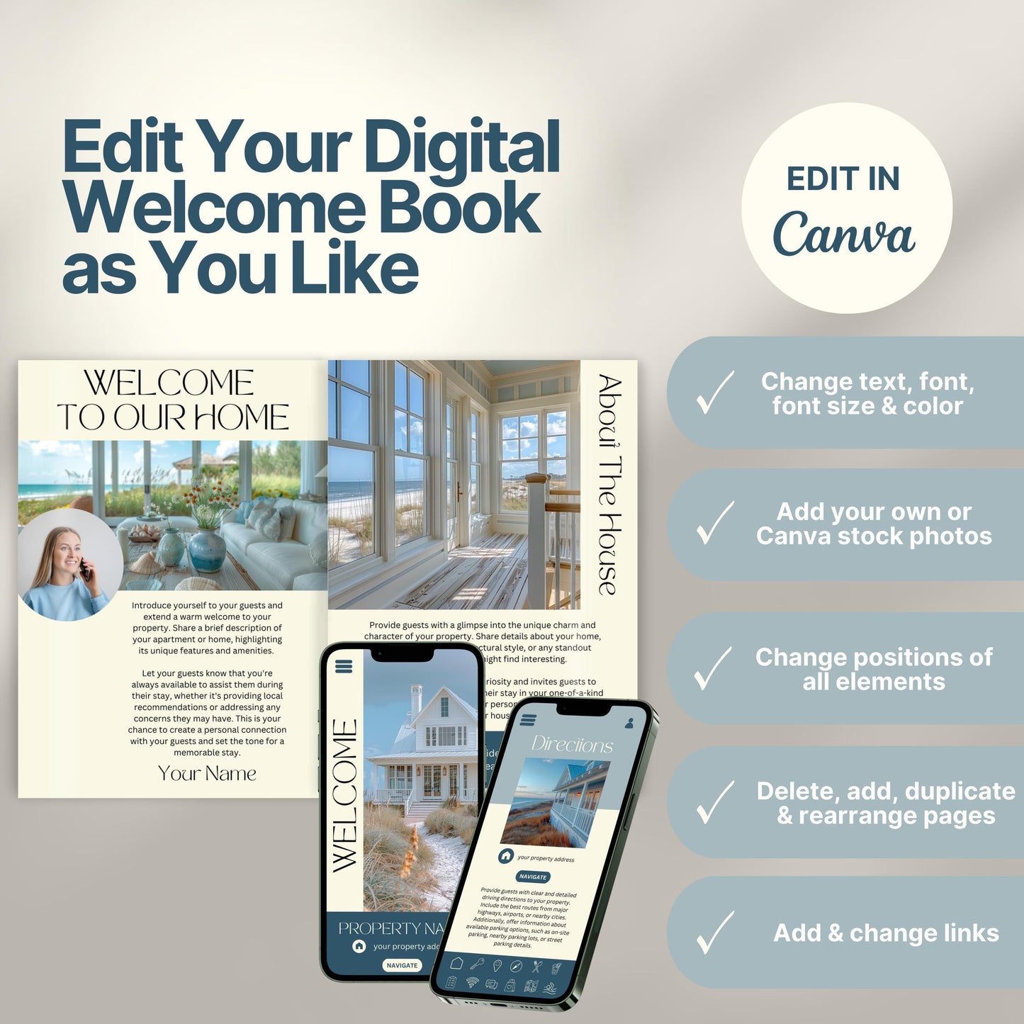 Editable Airbnb host welcome guide template, featuring welcome messages, house description, and host introduction. Includes checklist of customizable elements such as text, photos, layout, and links, all editable in Canva.