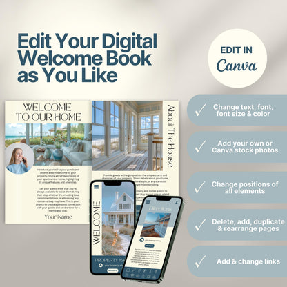 Editable Airbnb host welcome guide template, featuring welcome messages, house description, and host introduction. Includes checklist of customizable elements such as text, photos, layout, and links, all editable in Canva.