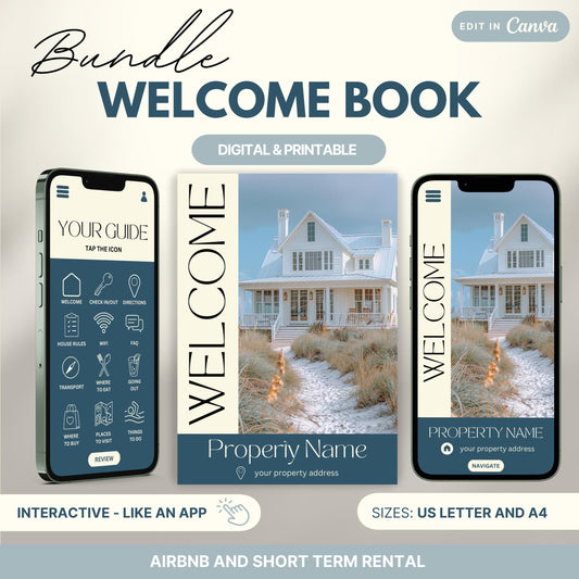 Promotional image for an "Airbnb Welcome Book" editable in Canva. A tablet and print view are shown for flexibility. The text highlights that the templates are available in US Letter and A4 sizes. Ideal for Airbnb and short-term rental hosts.