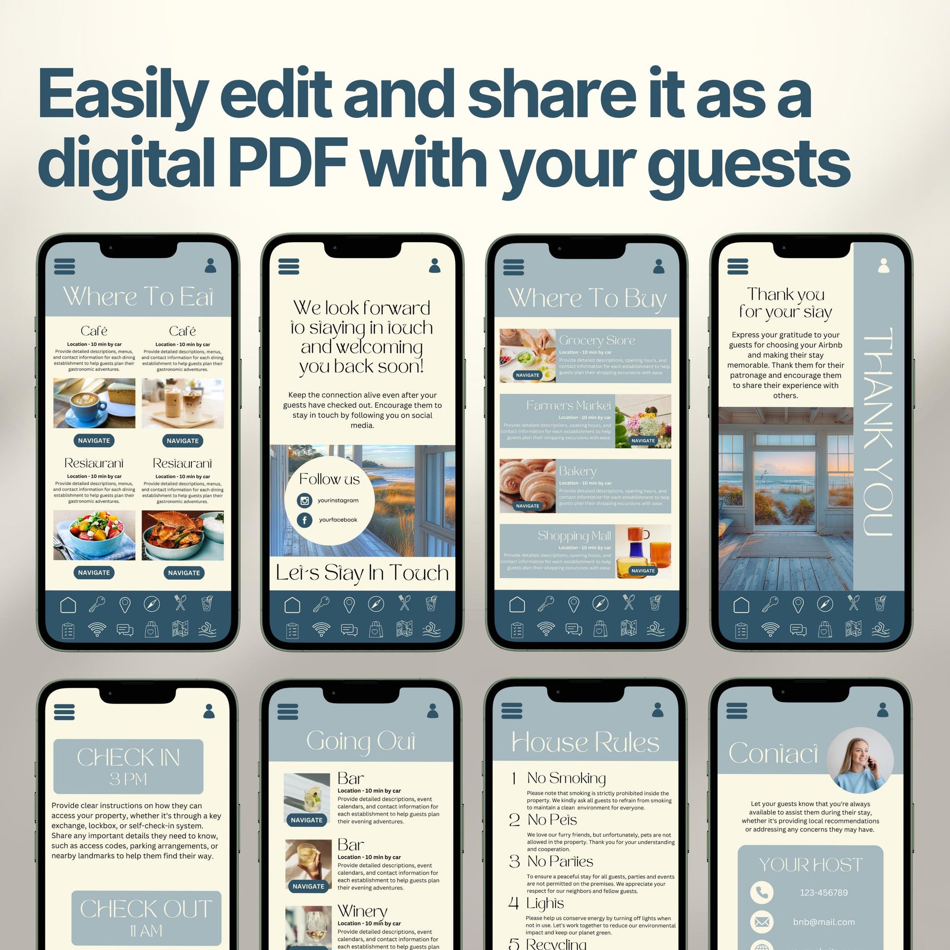 Smartphones display various pages of a digital Airbnb welcome book. The top header reads, "Easily edit and share it as a digital PDF with your guests," emphasizing customization and digital sharing convenience.