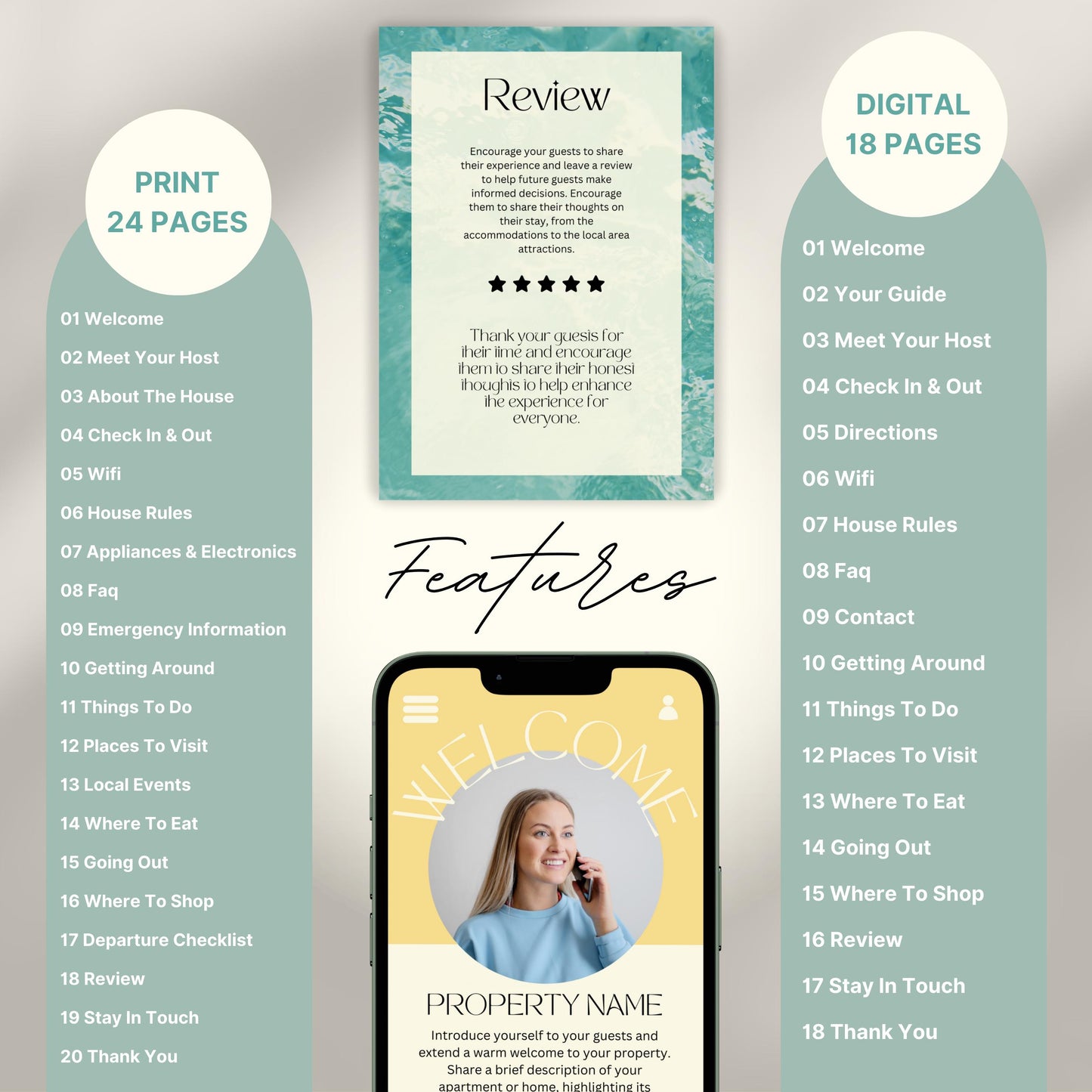 A promotional layout for a Airbnb Welcome Book template. The image displays various page samples including sections like “Review,” “Things To Do,” “Let’s Stay In Touch,” and “Before You Go.”