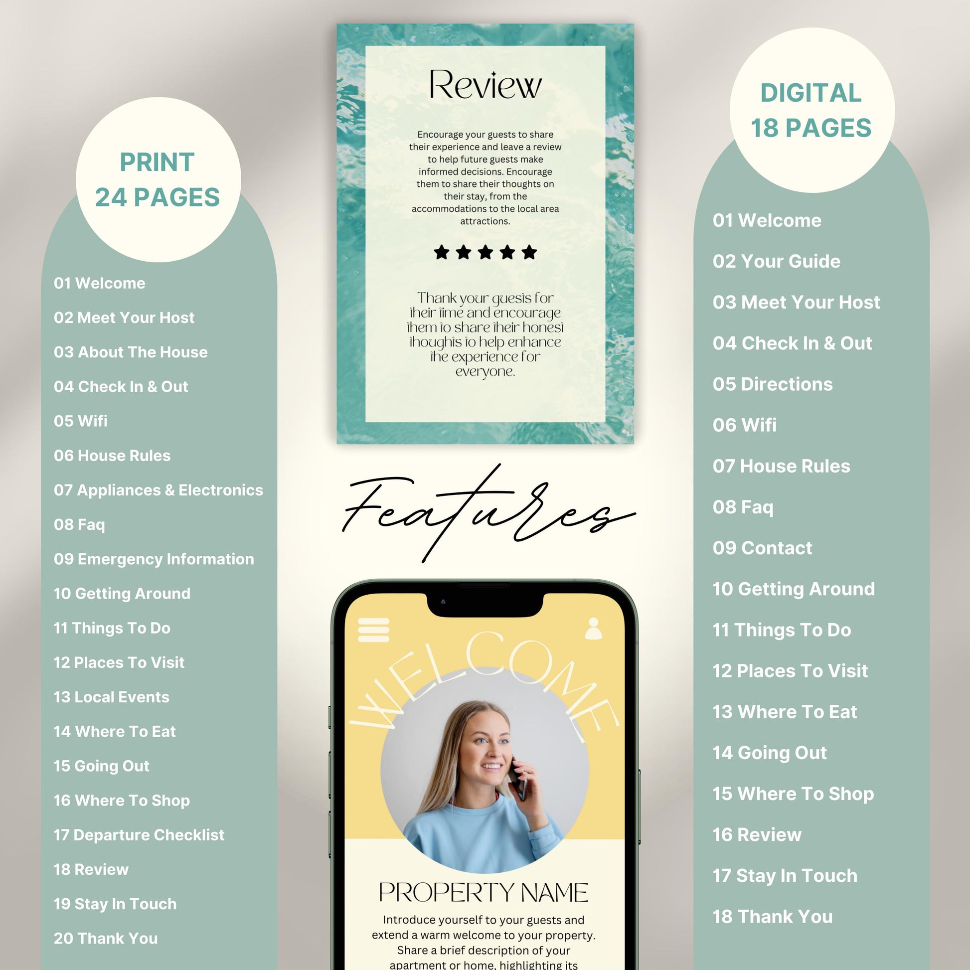 A promotional layout for a Airbnb Welcome Book template. The image displays various page samples including sections like “Review,” “Things To Do,” “Let’s Stay In Touch,” and “Before You Go.”