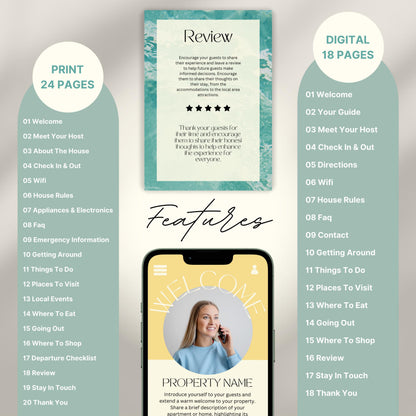 A promotional layout for a Airbnb Welcome Book template. The image displays various page samples including sections like “Review,” “Things To Do,” “Let’s Stay In Touch,” and “Before You Go.”