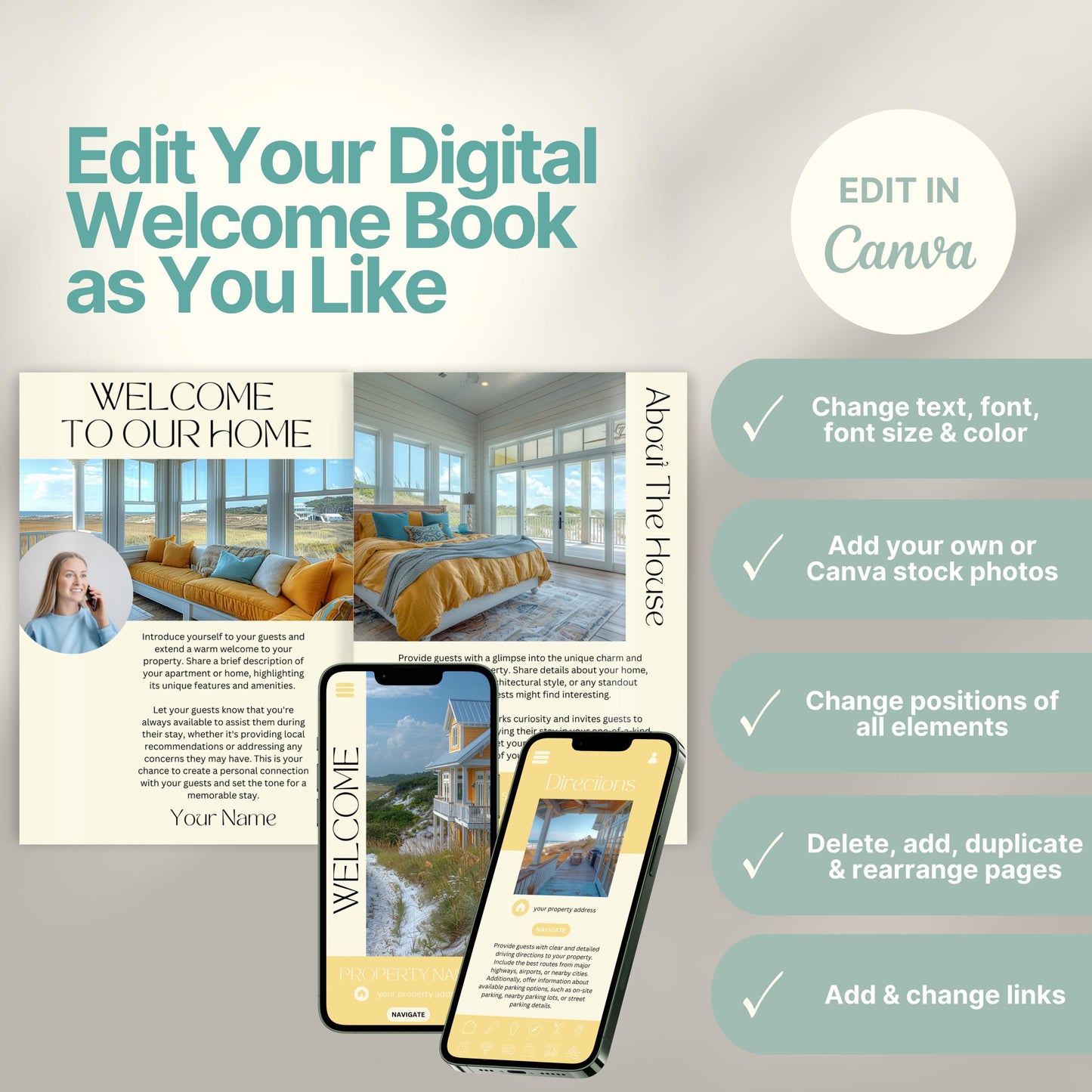 Editable Airbnb host welcome guide template, featuring welcome messages, house description, and host introduction. Includes checklist of customizable elements such as text, photos, layout, and links, all editable in Canva.