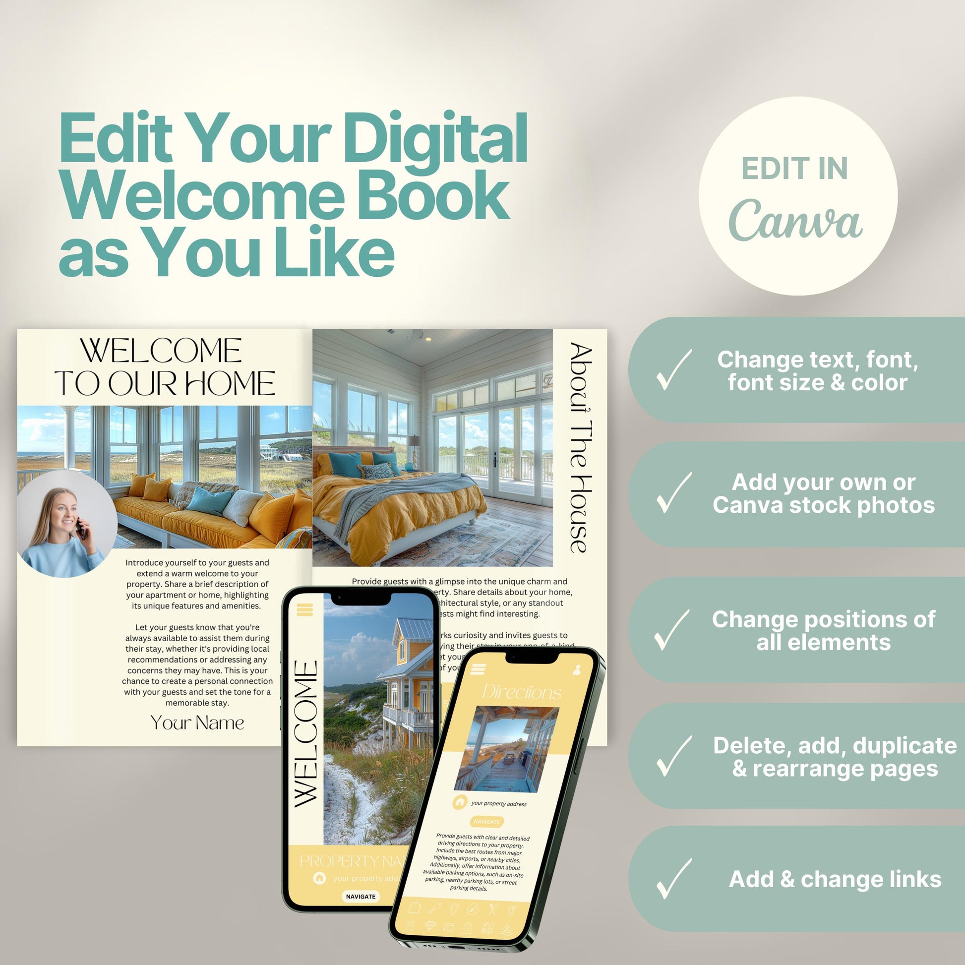 Editable Airbnb host welcome guide template, featuring welcome messages, house description, and host introduction. Includes checklist of customizable elements such as text, photos, layout, and links, all editable in Canva.