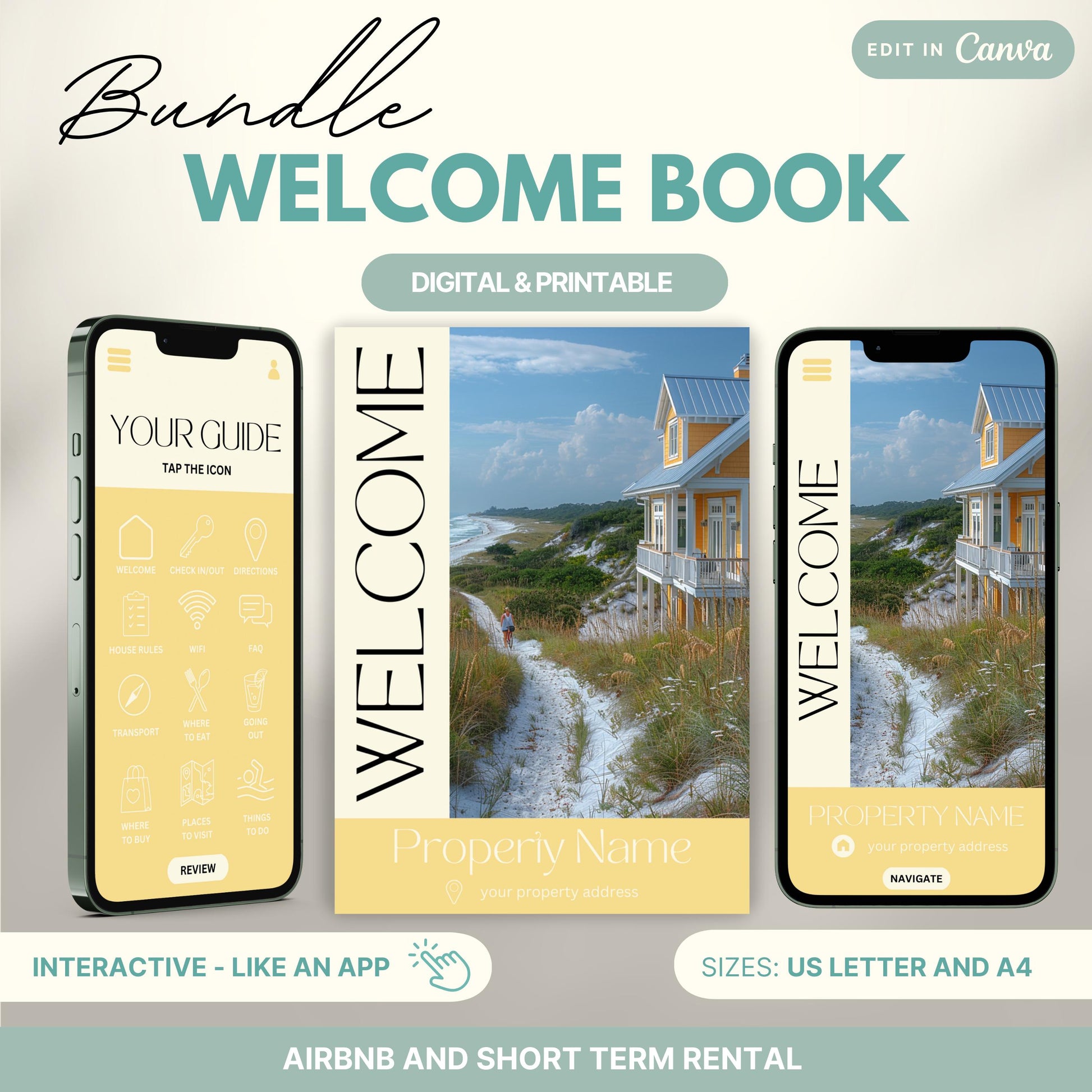 Promotional image for an "Airbnb Welcome Book Bundle" editable in Canva. A tablet and print view are shown for flexibility. The text highlights that the templates are available in US Letter and A4 sizes and include a bonus welcome sign. Ideal for Airbnb and short-term rental hosts.