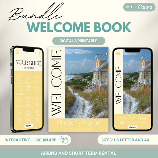 Promotional image for an "Airbnb Welcome Book Bundle" editable in Canva. A tablet and print view are shown for flexibility. The text highlights that the templates are available in US Letter and A4 sizes and include a bonus welcome sign. Ideal for Airbnb and short-term rental hosts.