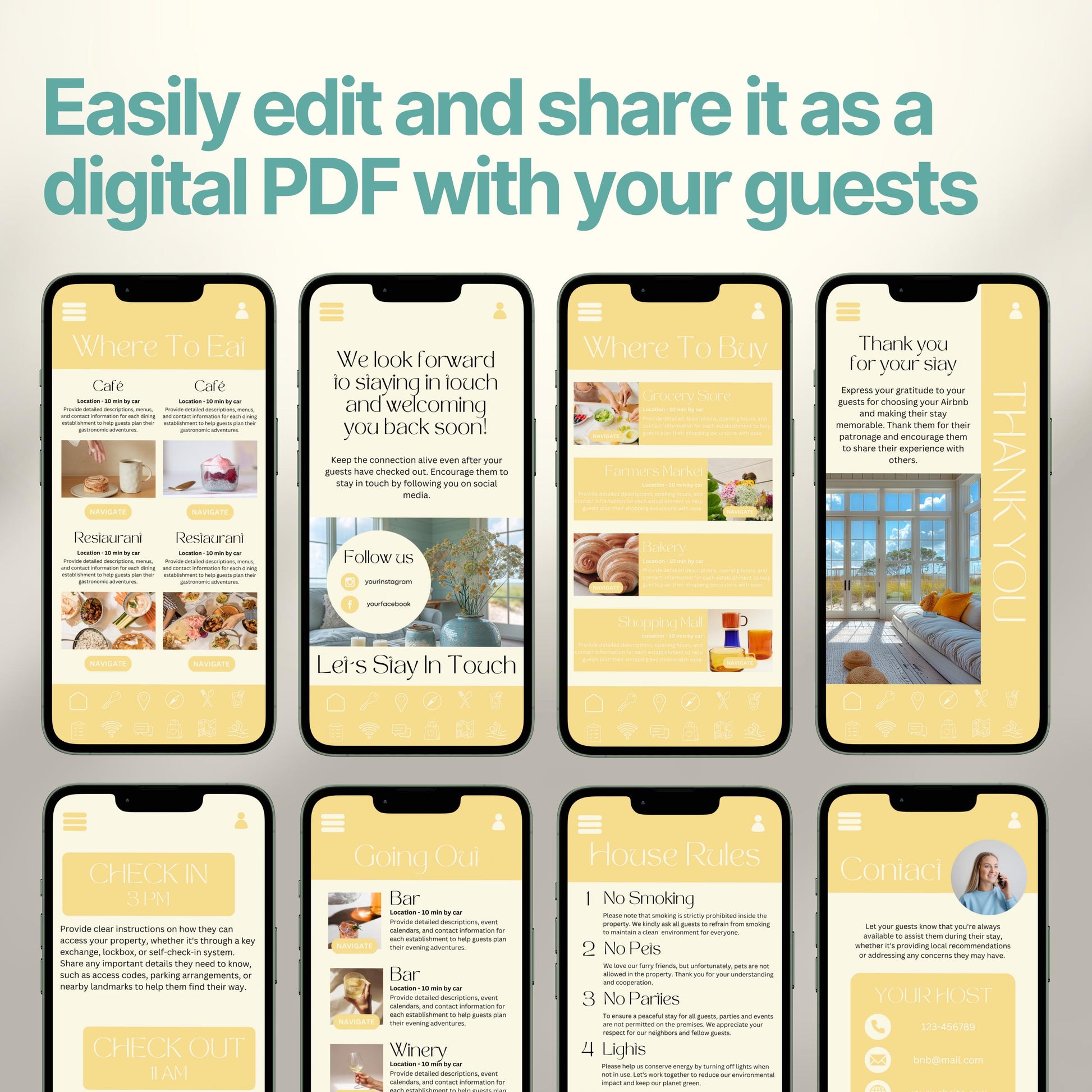 Smartphones display various pages of a digital Airbnb welcome book. The top header reads, "Easily edit and share it as a digital PDF with your guests," emphasizing customization and digital sharing convenience.