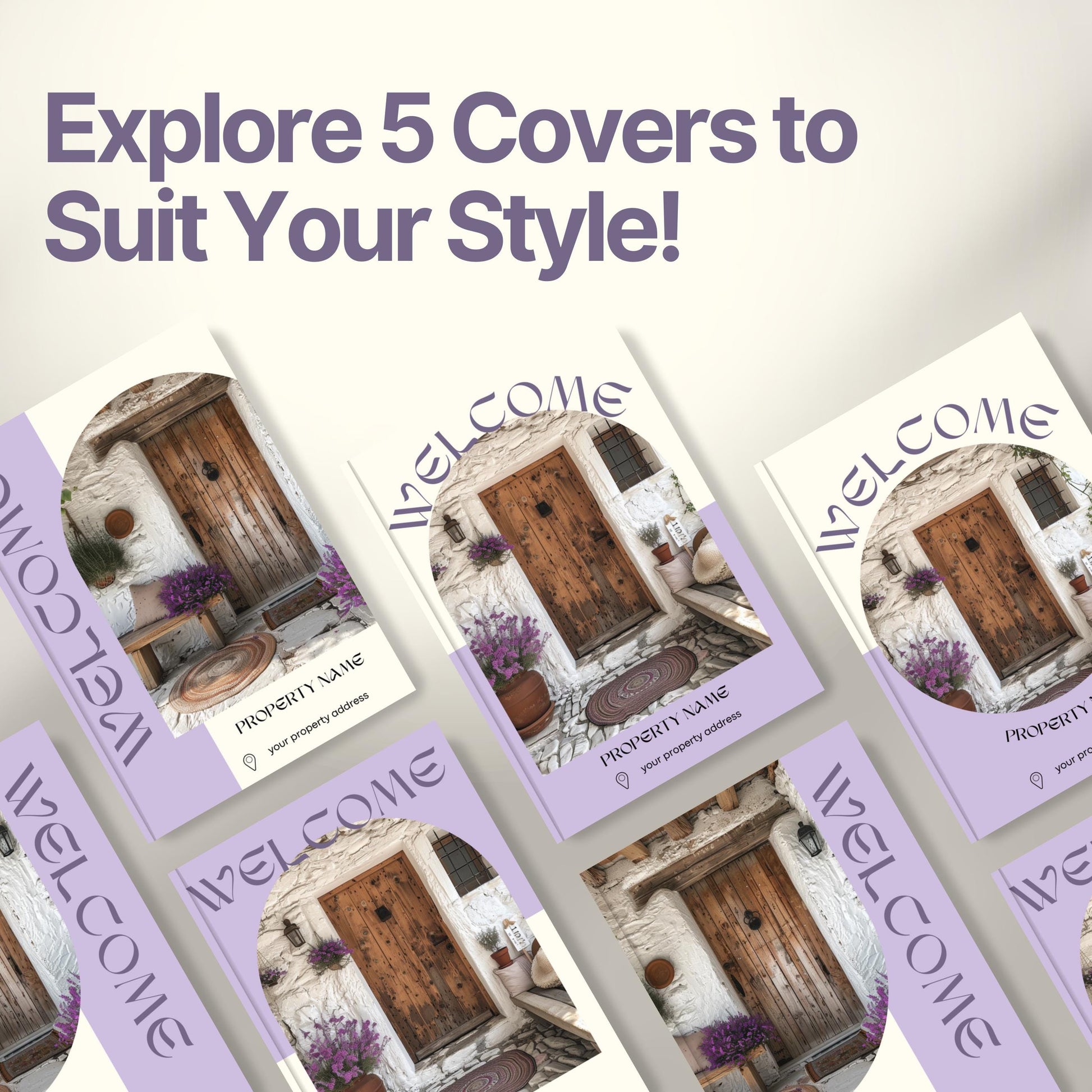 Graphic promoting customizable Airbnb Welcome Book covers with the headline “Explore 5 Covers to Suit Your Style!”