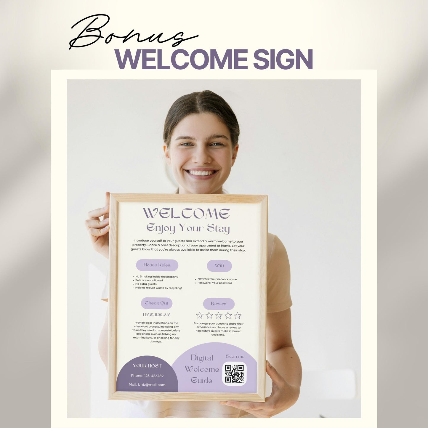A smiling woman holds a framed "Welcome" sign designed for Airbnb or short-term rental guests. The sign includes sections for house rules, WiFi details, check-out time, review encouragement, and host contact information.