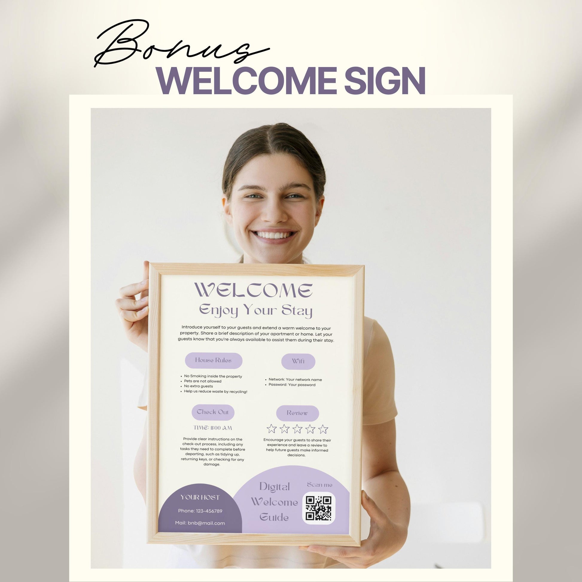 A smiling woman holds a framed "Welcome" sign designed for Airbnb or short-term rental guests. The sign includes sections for house rules, WiFi details, check-out time, review encouragement, and host contact information.