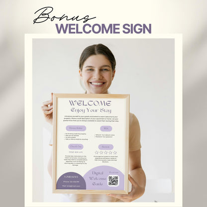 A smiling woman holds a framed "Welcome" sign designed for Airbnb or short-term rental guests. The sign includes sections for house rules, WiFi details, check-out time, review encouragement, and host contact information.