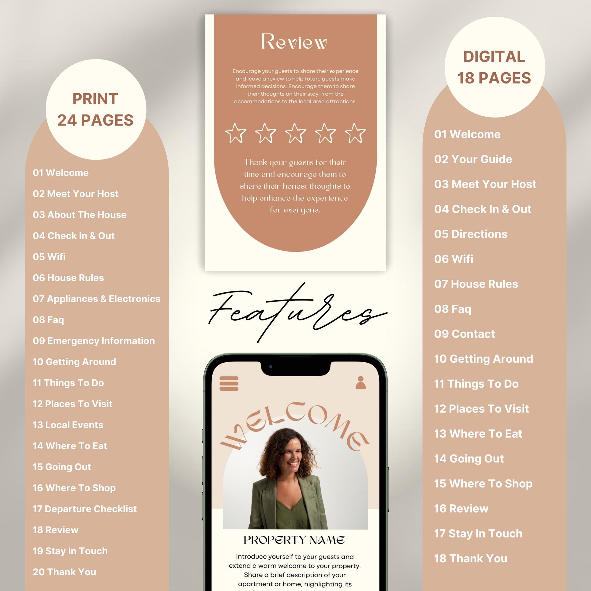 A promotional layout for a Airbnb Welcome Book template. The image displays various page samples including sections like “Review,” “Things To Do,” “Let’s Stay In Touch,” and “Before You Go.”
