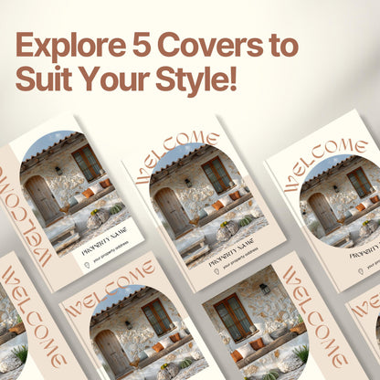 Graphic promoting customizable Airbnb Welcome Book covers with the headline “Explore 5 Covers to Suit Your Style!”
