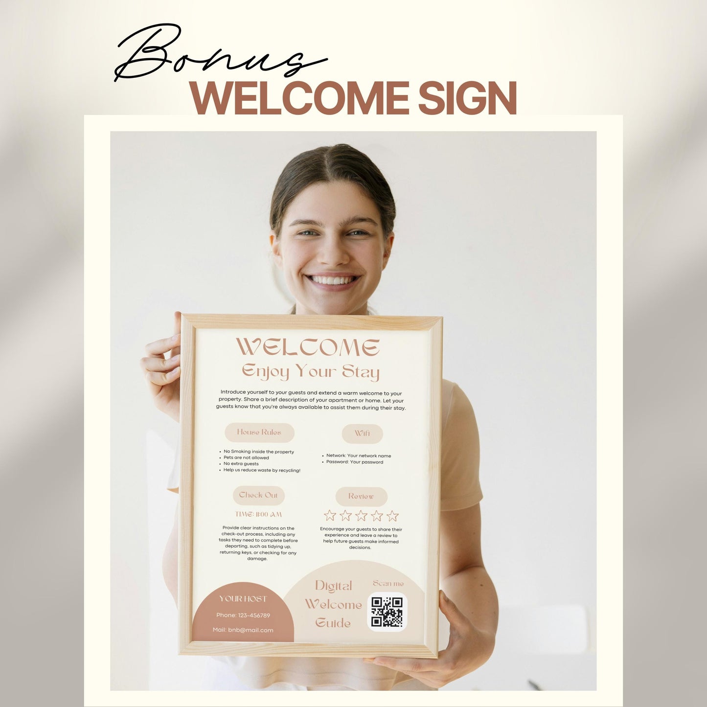A smiling woman holds a framed "Welcome" sign designed for Airbnb or short-term rental guests. The sign includes sections for house rules, WiFi details, check-out time, review encouragement, and host contact information.