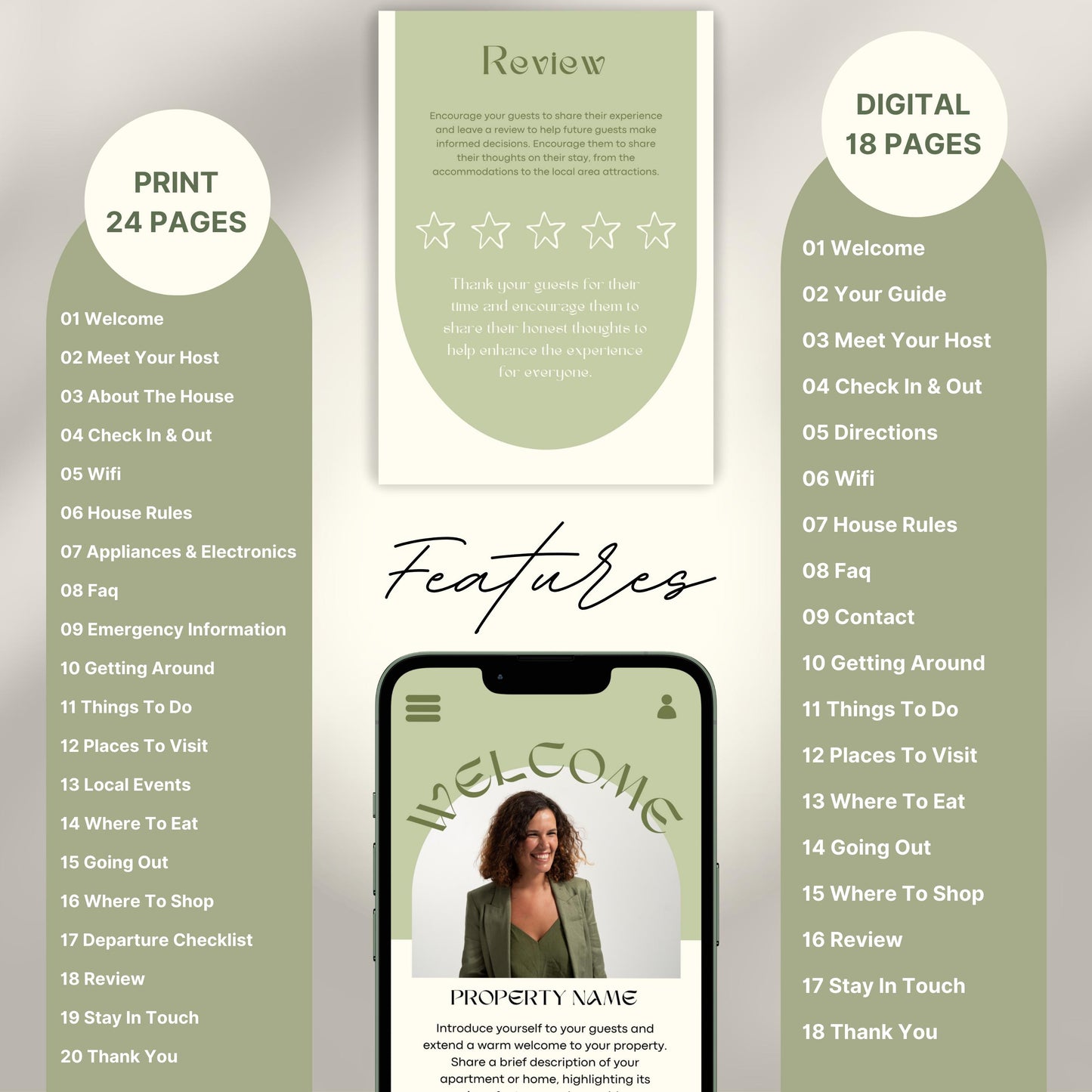 A promotional layout for a Airbnb Welcome Book template. The image displays various page samples including sections like “Review,” “Things To Do,” “Let’s Stay In Touch,” and “Before You Go.”