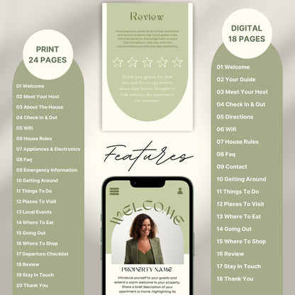 A promotional layout for a Airbnb Welcome Book template. The image displays various page samples including sections like “Review,” “Things To Do,” “Let’s Stay In Touch,” and “Before You Go.”