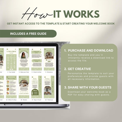 A promotional image explains how to use a digital Airbnb welcome book template. The text reads "How It Works" with a subheading, "Get instant access to the template & start creating your welcome book." A laptop displays thumbnails of different template pages. Three steps are highlighted in a peach-colored box: 1) Purchase and download, 2) Get creative by personalizing, and 3) Share with your guests as a PDF.