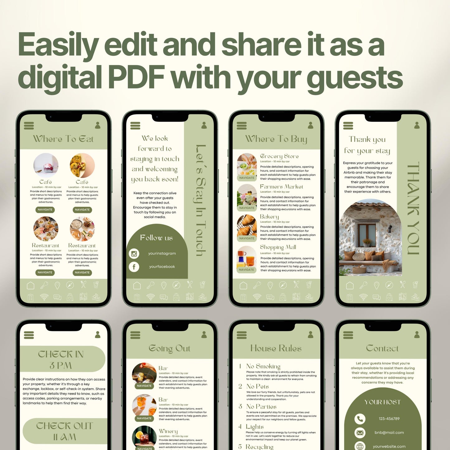 Smartphones display various pages of a digital Airbnb welcome book. The top header reads, "Easily edit and share it as a digital PDF with your guests," emphasizing customization and digital sharing convenience.