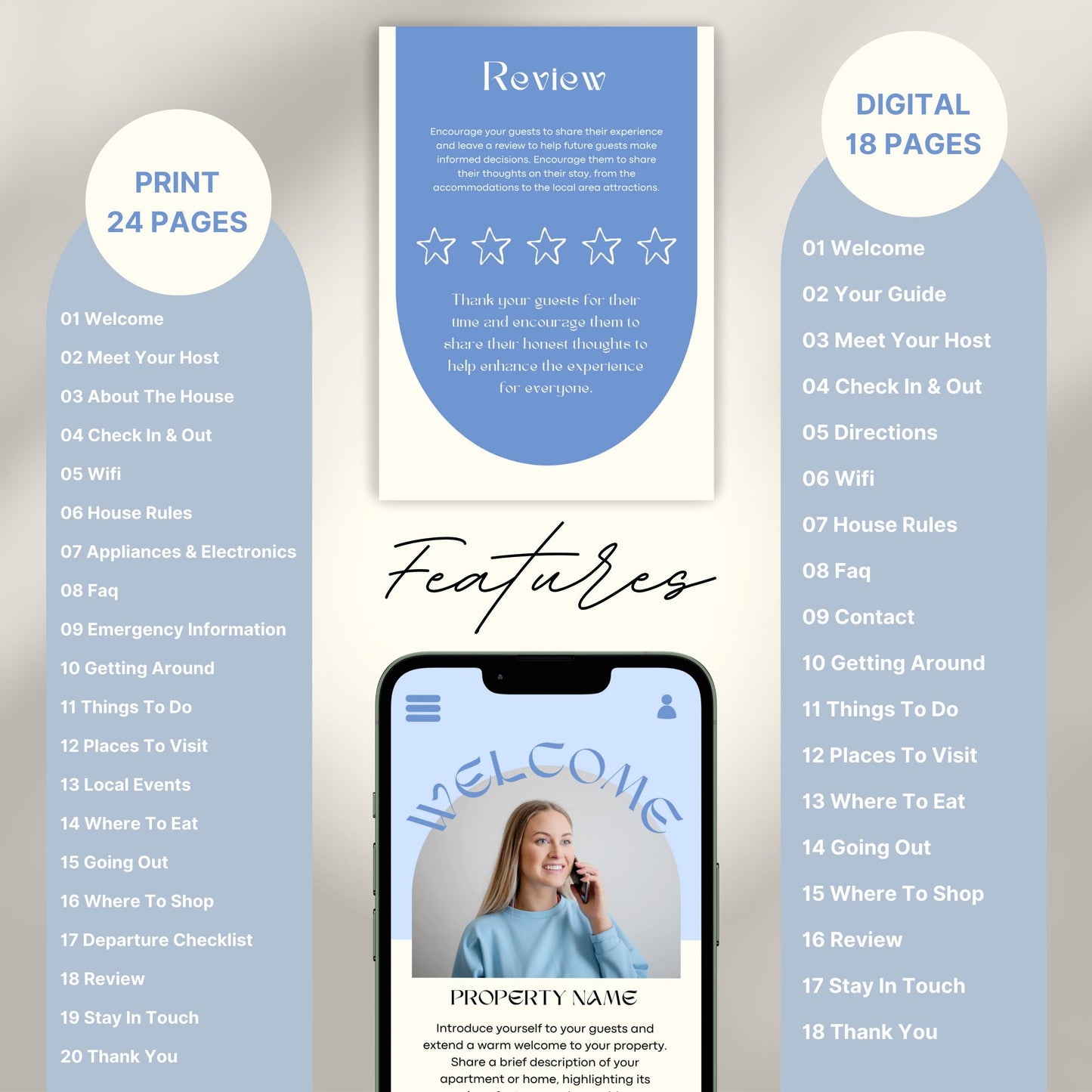 A promotional layout for a Airbnb Welcome Book template. The image displays various page samples including sections like “Review,” “Things To Do,” “Let’s Stay In Touch,” and “Before You Go.”