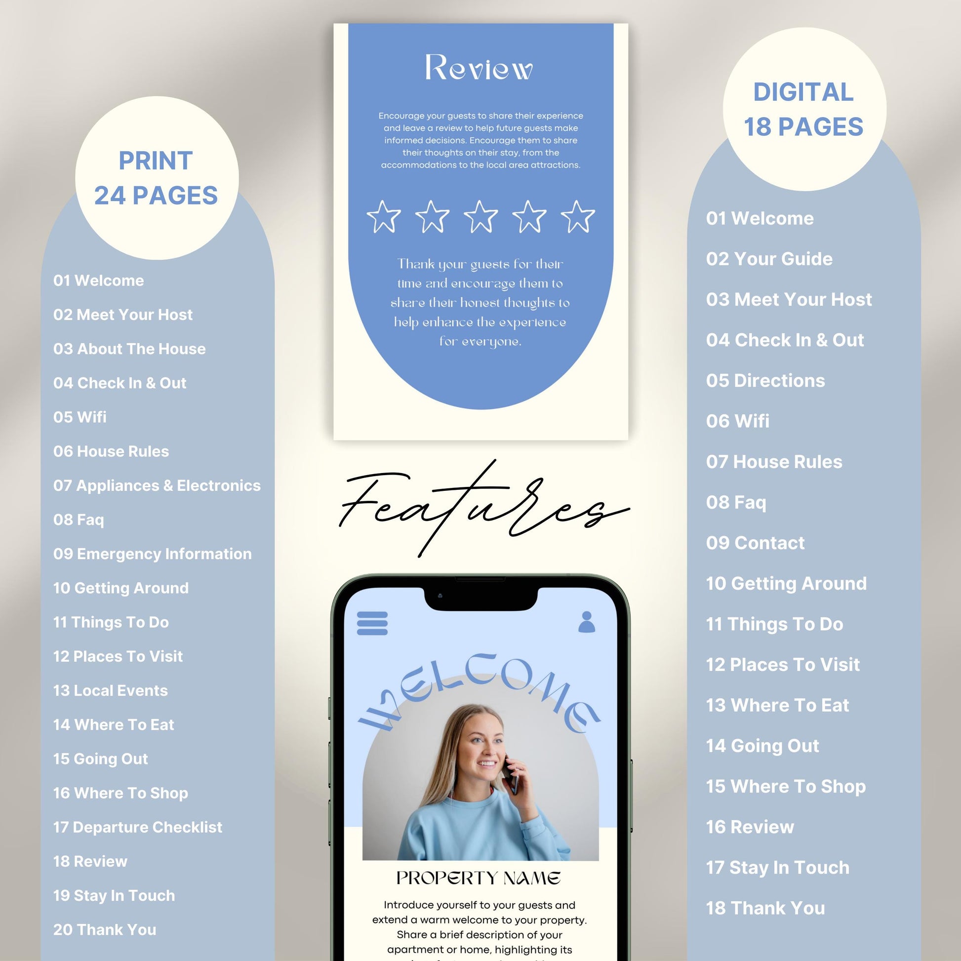 A promotional layout for a Airbnb Welcome Book template. The image displays various page samples including sections like “Review,” “Things To Do,” “Let’s Stay In Touch,” and “Before You Go.”