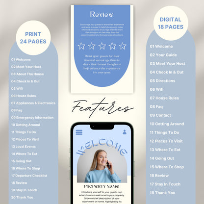 A promotional layout for a Airbnb Welcome Book template. The image displays various page samples including sections like “Review,” “Things To Do,” “Let’s Stay In Touch,” and “Before You Go.”