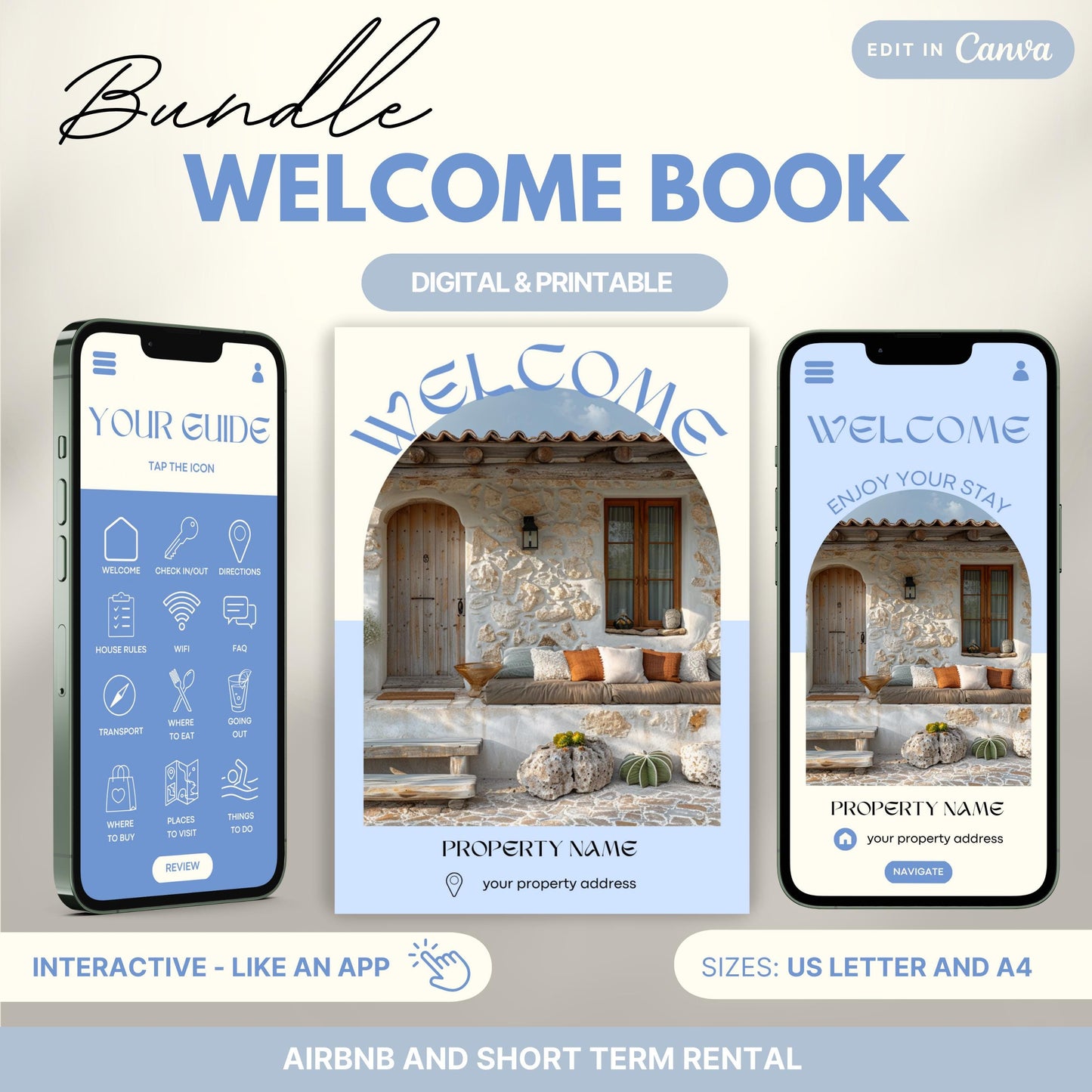 Promotional image for an "Airbnb Welcome Book Bundle" editable in Canva. A tablet and print view are shown for flexibility. The text highlights that the templates are available in US Letter and A4 sizes and include a bonus welcome sign. Ideal for Airbnb and short-term rental hosts.