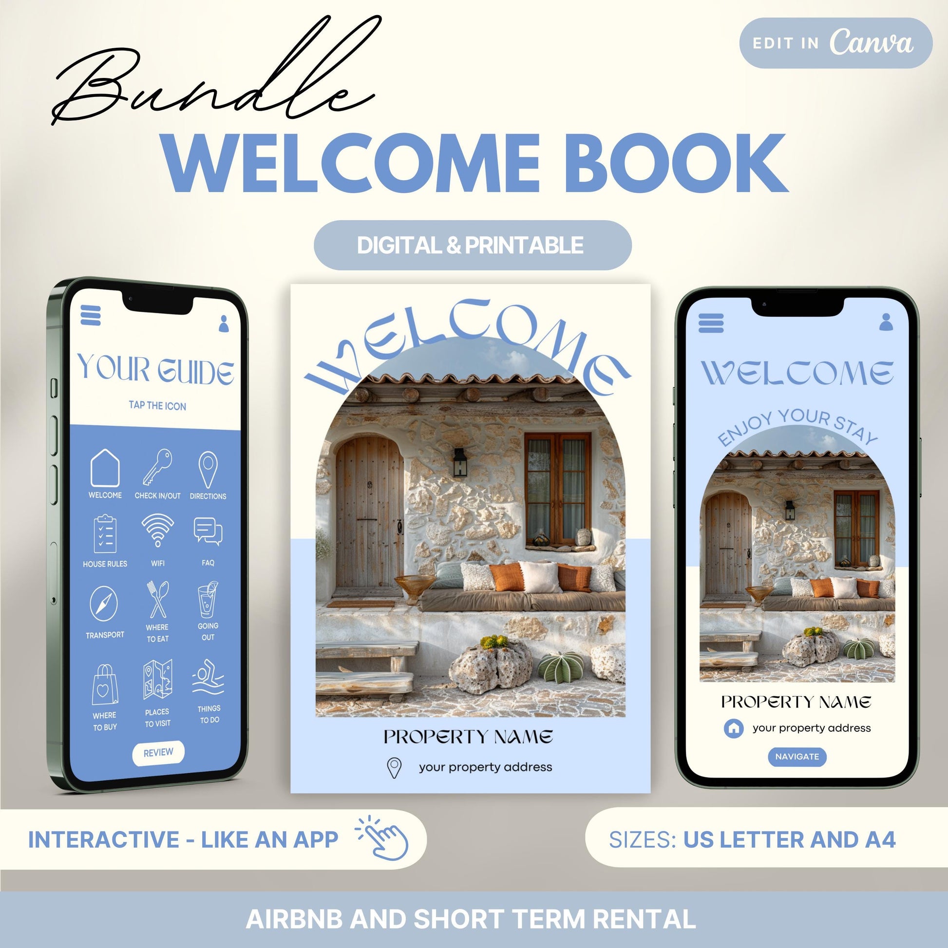 Promotional image for an "Airbnb Welcome Book Bundle" editable in Canva. A tablet and print view are shown for flexibility. The text highlights that the templates are available in US Letter and A4 sizes and include a bonus welcome sign. Ideal for Airbnb and short-term rental hosts.