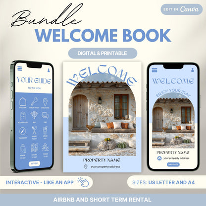 Promotional image for an "Airbnb Welcome Book Bundle" editable in Canva. A tablet and print view are shown for flexibility. The text highlights that the templates are available in US Letter and A4 sizes and include a bonus welcome sign. Ideal for Airbnb and short-term rental hosts.
