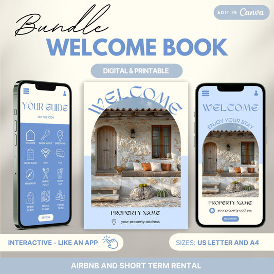 Promotional image for an "Airbnb Welcome Book Bundle" editable in Canva. A tablet and print view are shown for flexibility. The text highlights that the templates are available in US Letter and A4 sizes and include a bonus welcome sign. Ideal for Airbnb and short-term rental hosts.
