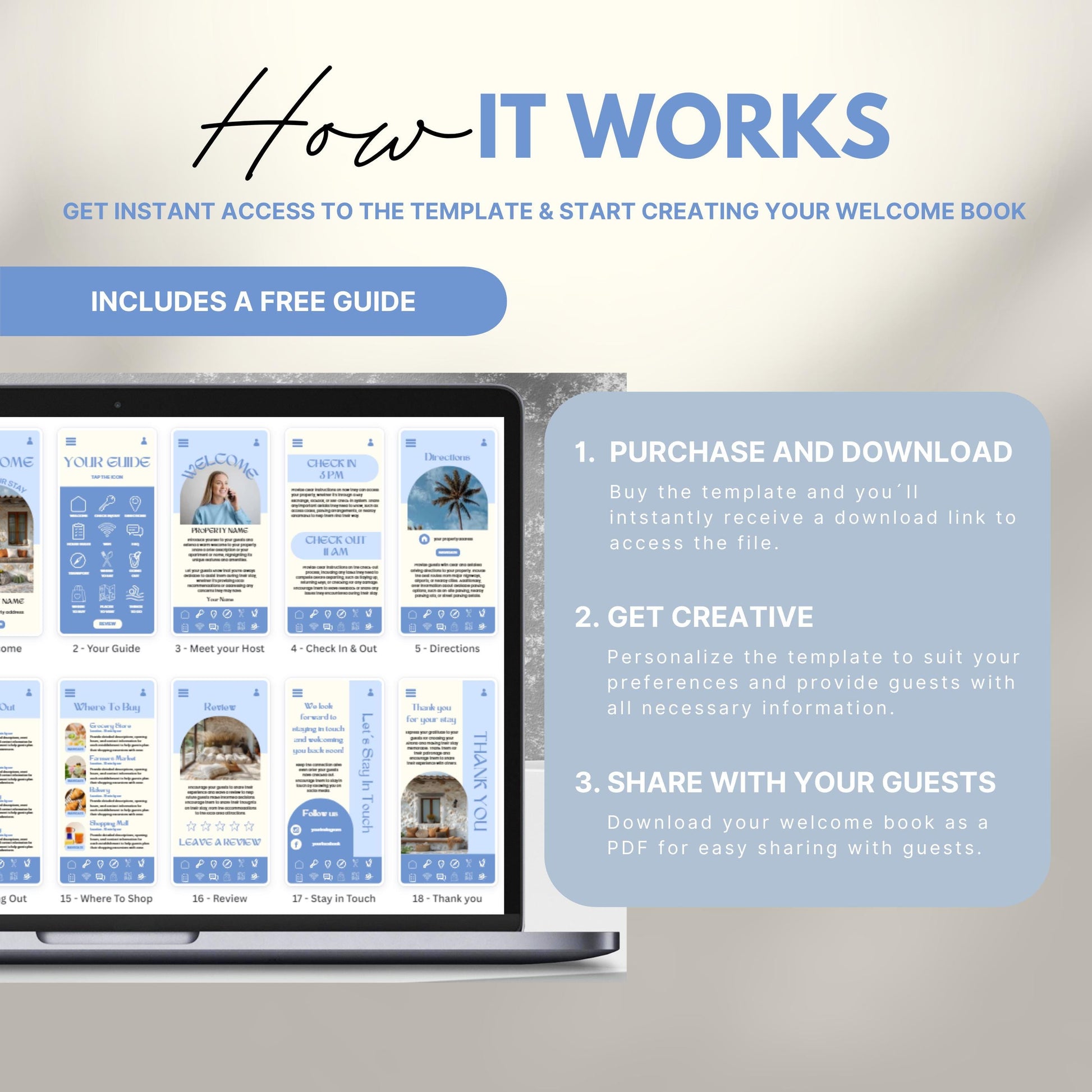 A promotional image explains how to use a digital Airbnb welcome book template. The text reads "How It Works" with a subheading, "Get instant access to the template & start creating your welcome book." A laptop displays thumbnails of different template pages. Three steps are highlighted in a peach-colored box: 1) Purchase and download, 2) Get creative by personalizing, and 3) Share with your guests as a PDF.