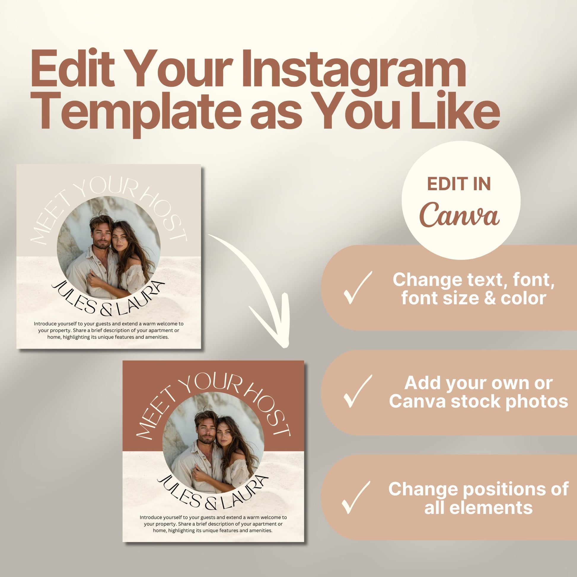 Instagram template customization example showing two versions of a 'Meet Your Host' post with different colors. Text highlights that you can edit text, font, size, colors, photos, and element positions using Canva.