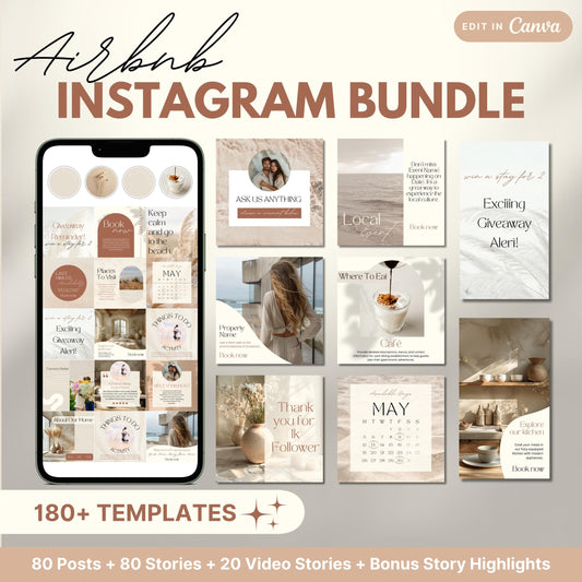 Airbnb Instagram Bundle promotional image showing a phone mockup and various Canva templates for posts, stories, and video content, labeled with '180+ Templates' and '80 Posts + 80 Stories + 20 Video Stories + Bonus Story Highlights'