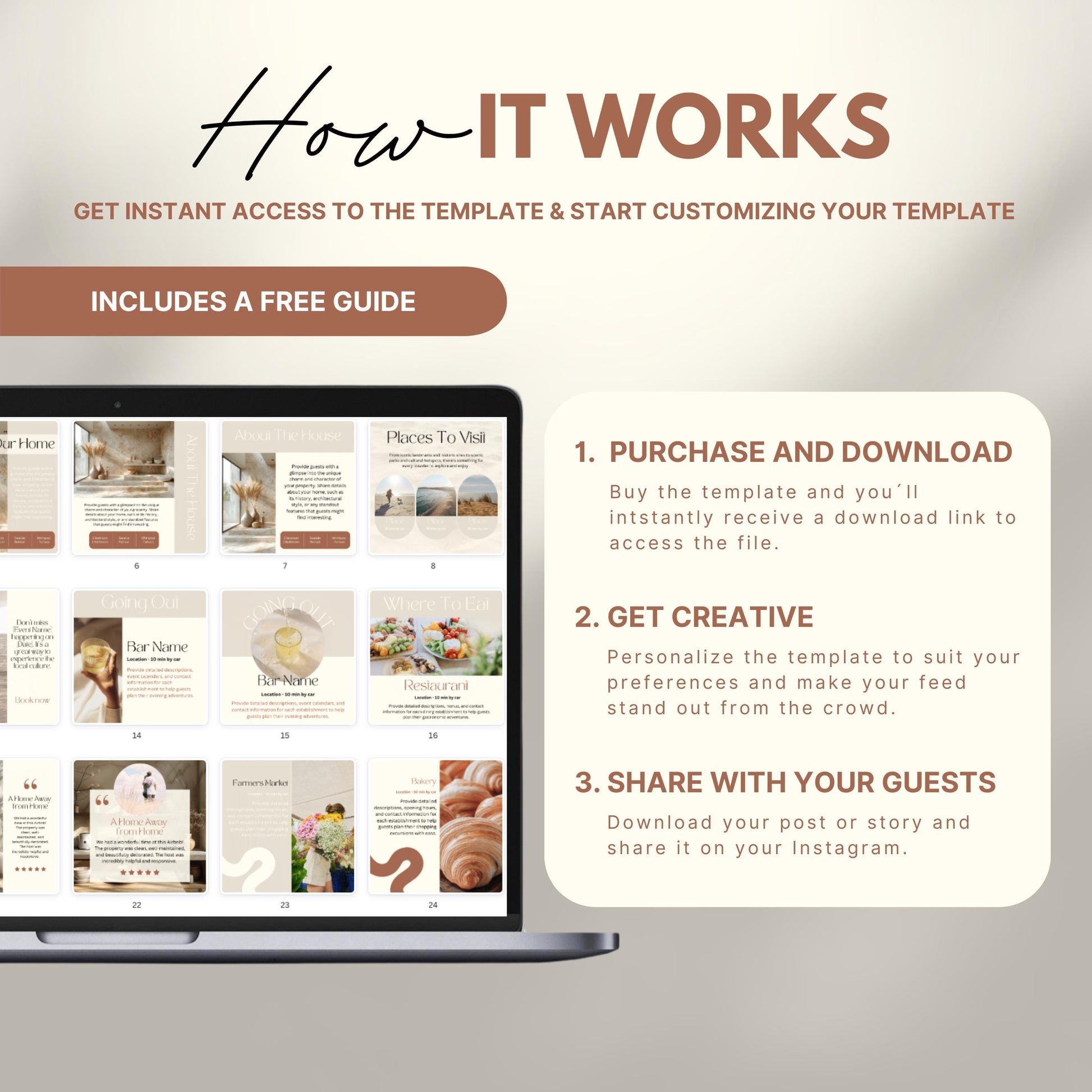 Instructional graphic titled 'How It Works' showing a laptop with Instagram templates and three steps: 1. Purchase and download the template, 2. Get creative and customize it, 3. Share with your guests. Includes a note that a free guide is included.