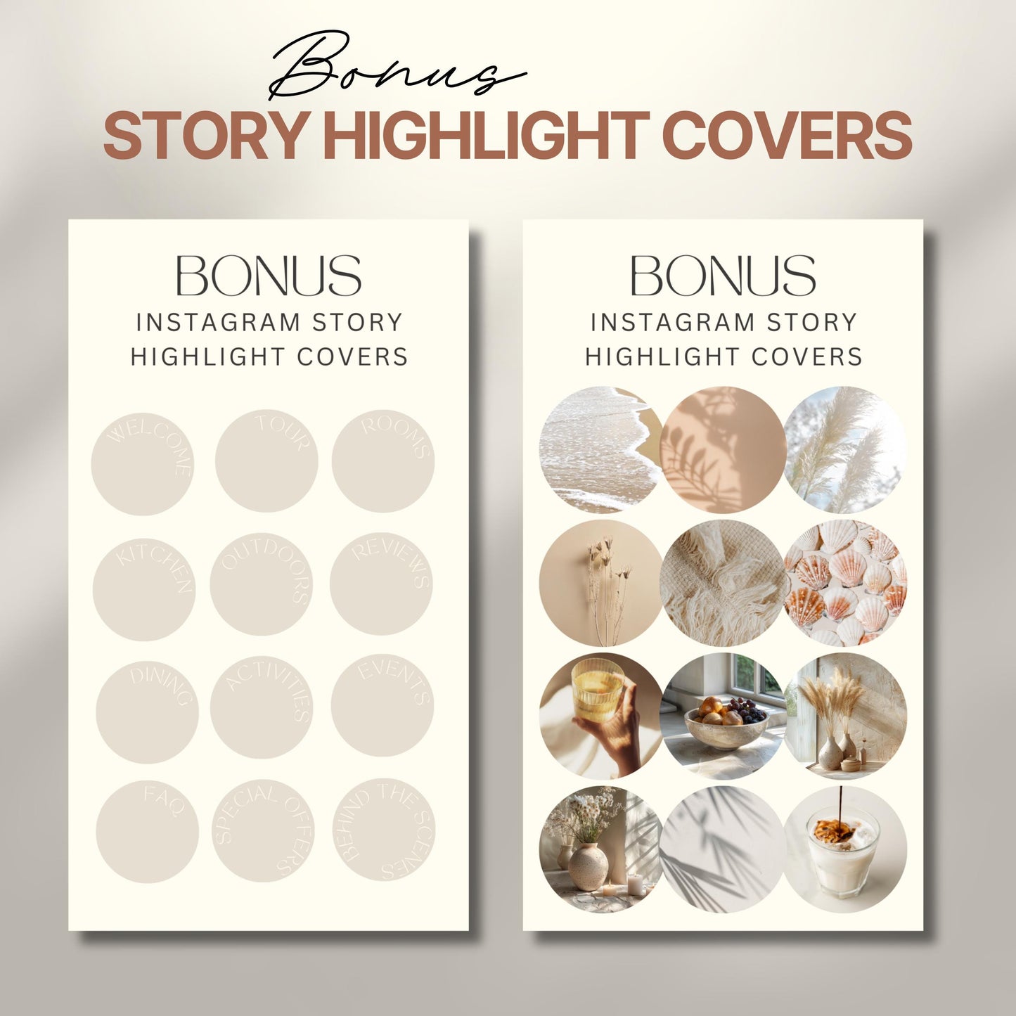 Graphic displaying two sets of Instagram story highlight covers labeled as bonus content.
