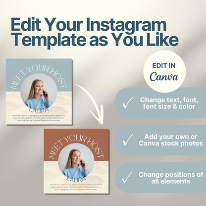 Instagram template customization example showing two versions of a 'Meet Your Host' post with different colors. Text highlights that you can edit text, font, size, colors, photos, and element positions using Canva.