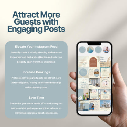 Promotional graphic showing a hand holding a phone with Airbnb Instagram templates, accompanied by text outlining benefits: elevate your feed, increase bookings, and save time with professionally designed posts.