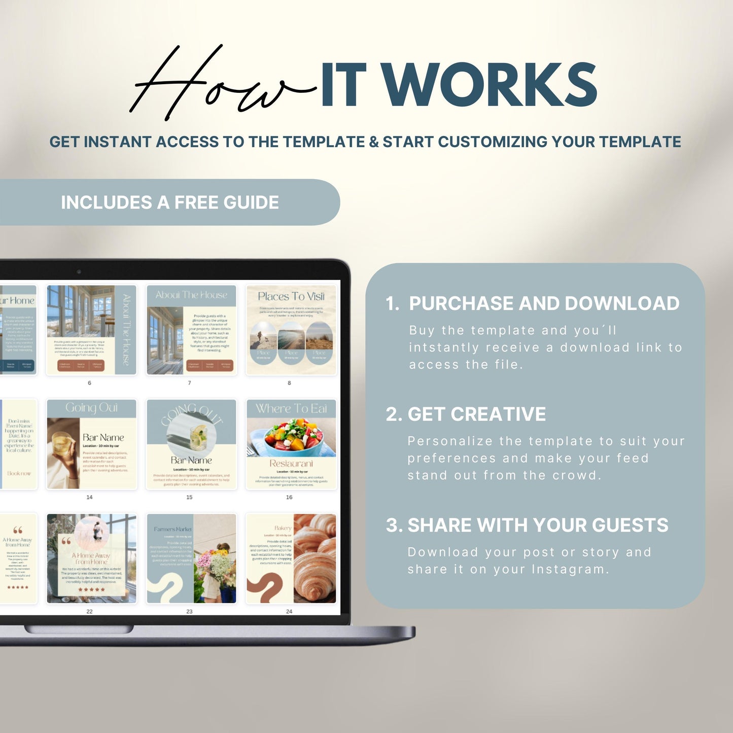 Instructional graphic titled 'How It Works' showing a laptop with Instagram templates and three steps: 1. Purchase and download the template, 2. Get creative and customize it, 3. Share with your guests. Includes a note that a free guide is included.