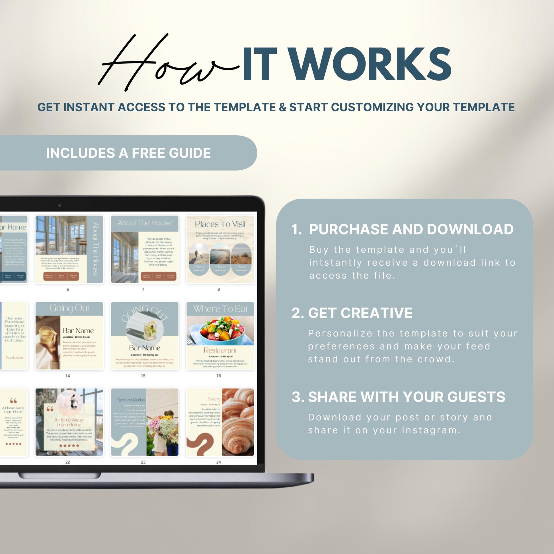 Instructional graphic titled 'How It Works' showing a laptop with Instagram templates and three steps: 1. Purchase and download the template, 2. Get creative and customize it, 3. Share with your guests. Includes a note that a free guide is included.