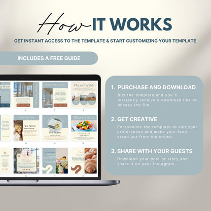 Instructional graphic titled 'How It Works' showing a laptop with Instagram templates and three steps: 1. Purchase and download the template, 2. Get creative and customize it, 3. Share with your guests. Includes a note that a free guide is included.