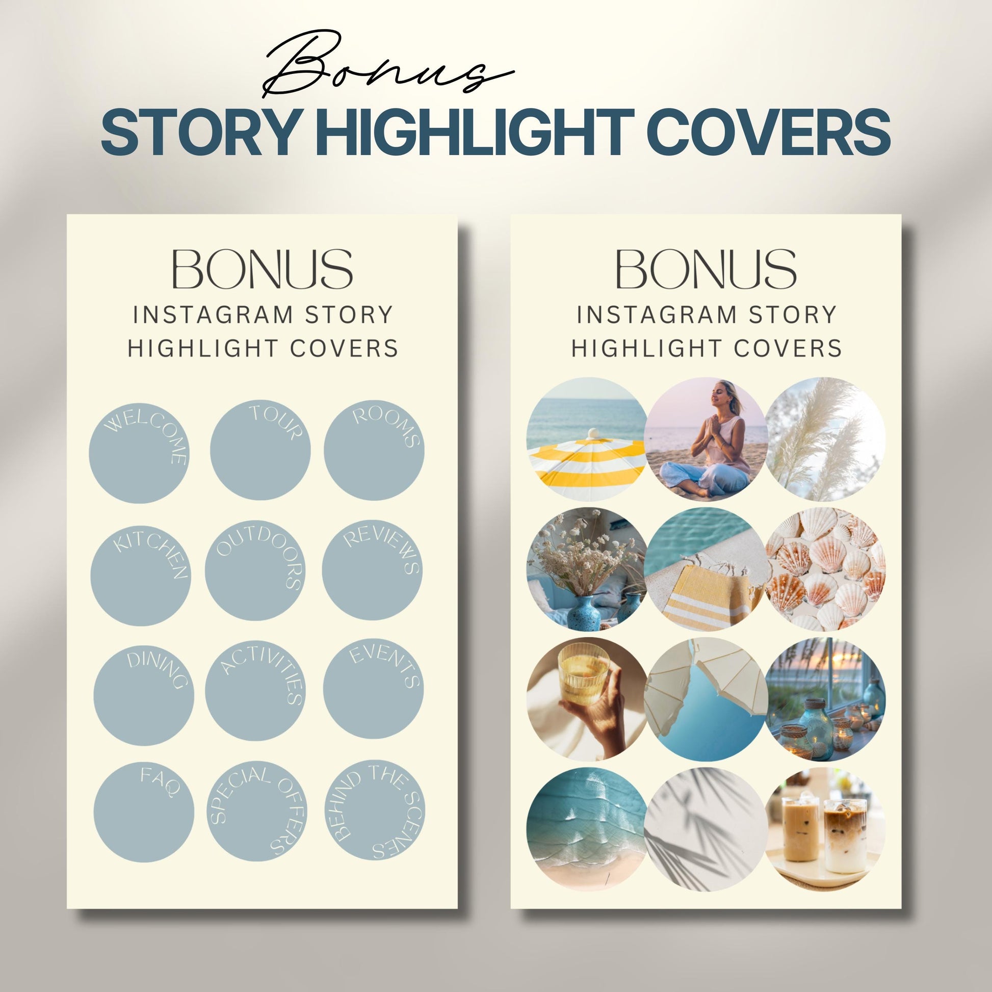 Graphic displaying two sets of Instagram story highlight covers labeled as bonus content.