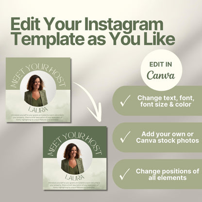 Instagram template customization example showing two versions of a 'Meet Your Host' post with different colors. Text highlights that you can edit text, font, size, colors, photos, and element positions using Canva.