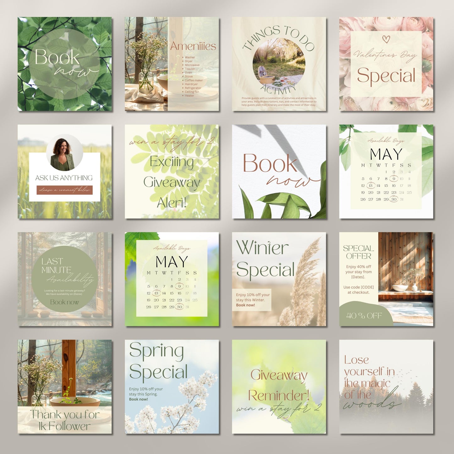 Grid of Instagram post templates for Airbnb hosts.