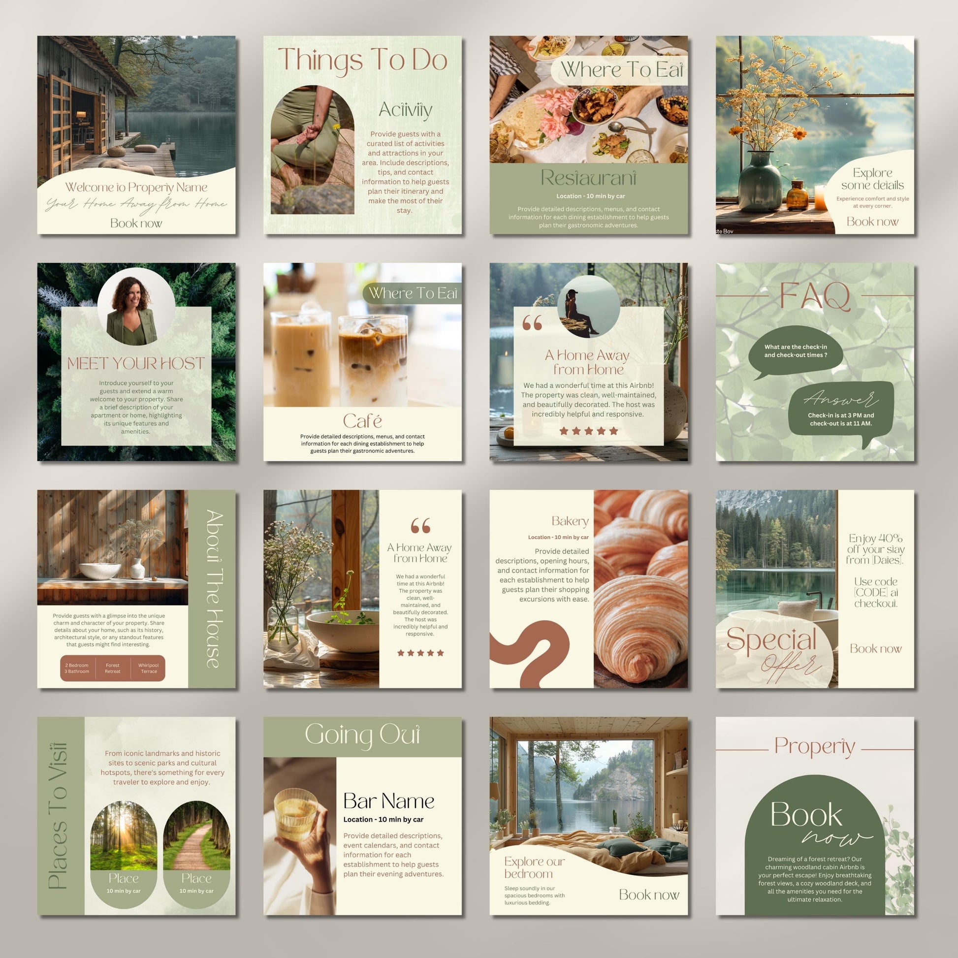 Grid of Instagram post templates for Airbnb hosts.