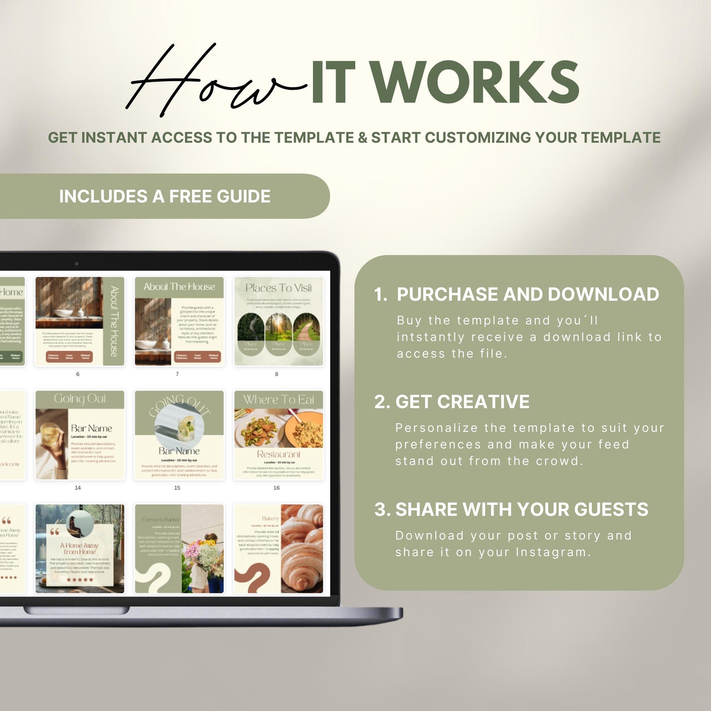 Instructional graphic titled 'How It Works' showing a laptop with Instagram templates and three steps: 1. Purchase and download the template, 2. Get creative and customize it, 3. Share with your guests. Includes a note that a free guide is included.
