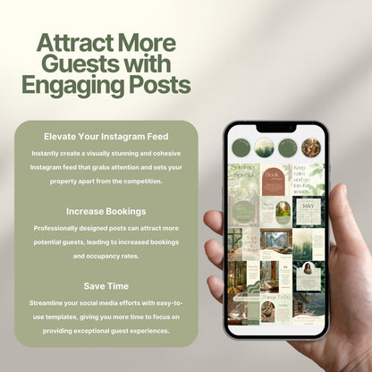 Promotional graphic showing a hand holding a phone with Airbnb Instagram templates, accompanied by text outlining benefits: elevate your feed, increase bookings, and save time with professionally designed posts.